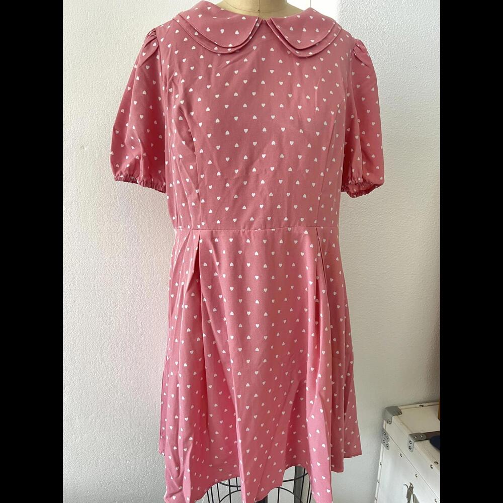 NWT Pink Heart pattern Peter Pan Collar Womens Dress size Large